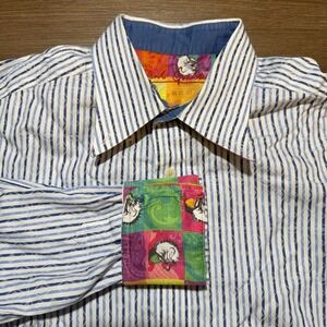 Robert Graham Mens XL Smoking Bulldog Button Up Shirt Flip Cuff Artsy Punk White